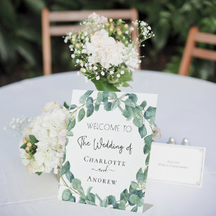 Wedding welcome eucalyptus greenery names pedestal sign