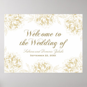 Wedding Welcome Gold Elegant Peony Floral Poster