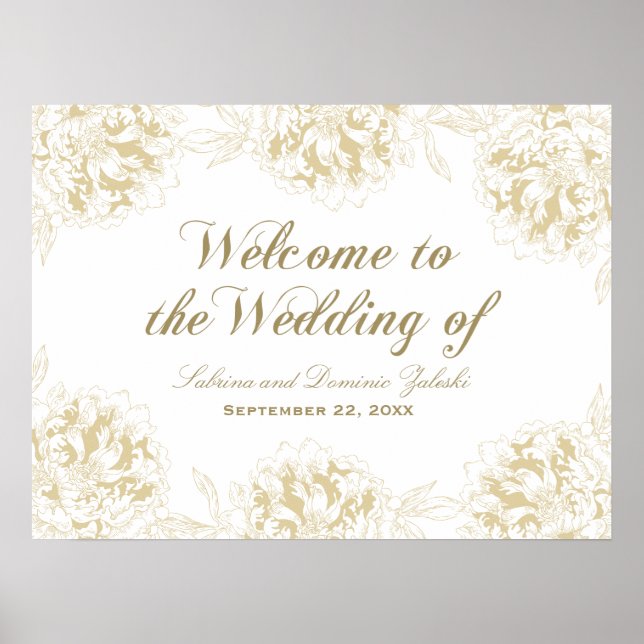 Wedding Welcome Gold Elegant Peony Floral Poster (Front)