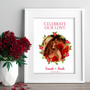 Wedding Welcome Guests Floral Wreath in Red Poster