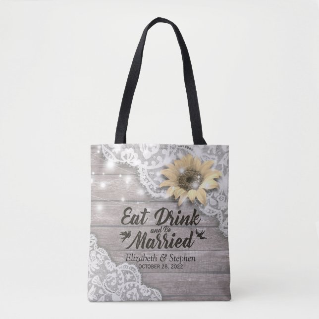 Wedding Welcome Lace Sunflower Rustic Wood Lights Tote Bag (Front)