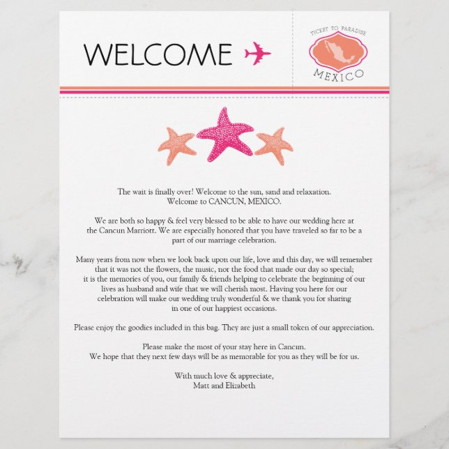 Wedding Welcome Letter for Mexico (Front)