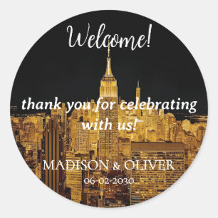 Wedding welcome New York City golden Skyline  Classic Round Sticker