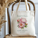 Wedding Welcome Pink Peonies Gift Tote Bag<br><div class="desc">Pink peonies wedding tote bags.  Use as hotel welcome bags for guests and fill with little gifts. Or,  give to the bridal party,  personalize for bridesmaid gifts.  Change the green script as needed and easily transfer to any other bag style.</div>