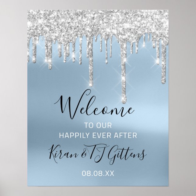 Wedding Welcome Poster Silver Grey Drips Blue (Front)