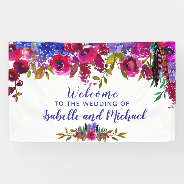 Wedding Welcome Purple and Red Watercolor Floral Banner (Horizontal)