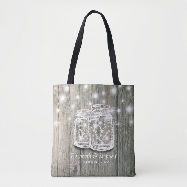 Wedding Welcome Rustic Wood Mason Jar String Light Tote Bag (Front)
