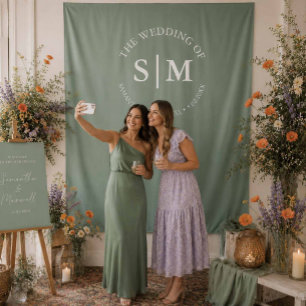 Wedding Welcome Selfie Sign Sage Green Monogram Tapestry
