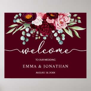 Wedding Welcome Sign Burgundy Marsala Floral 