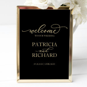 Wedding Welcome Sign Chic Gold Script Black