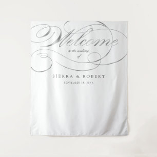 Wedding Welcome Sign Elegant Faux Silver Script Tapestry