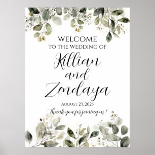 Wedding welcome sign, elegant greenery poster