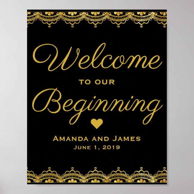 Wedding Welcome Sign | Gold Lace on Black (Front)