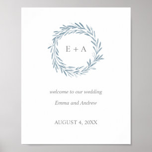 Wedding Welcome Sign - Monogram Blue Wreath