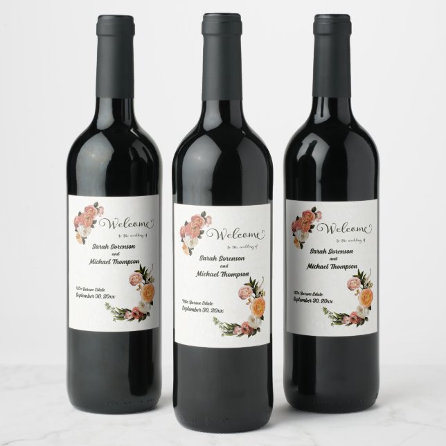 Wedding Welcome Sign Personalized Floral      Wine Label (Bottles)