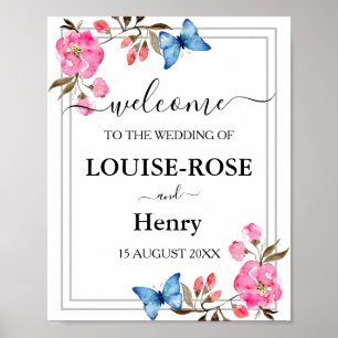 Wedding Welcome Sign - Pink Rose Grey Butterflies