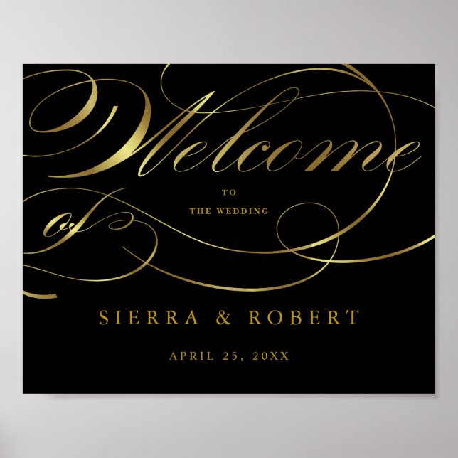 Wedding Welcome Sign with Elegant Faux Gold Script (Front)