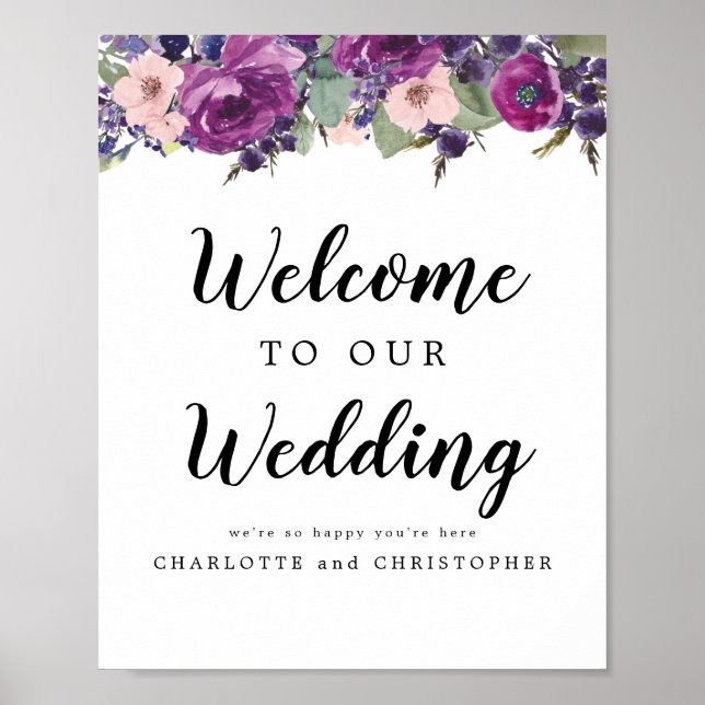 Wedding Welcome Sign with Purple and Pink Flowers (Front)