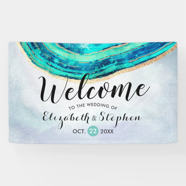 Wedding Welcome Watercolor Teal & Gold Agate Geode Banner (Horizontal)