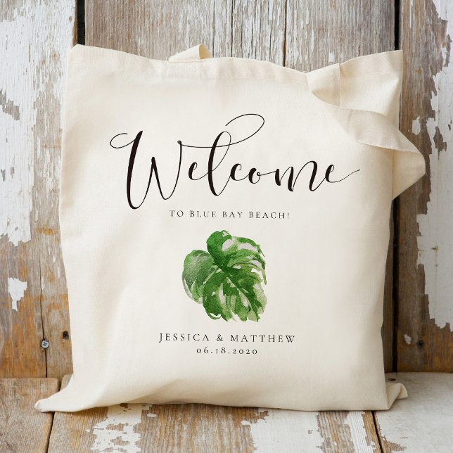 Wedding Welcome Watercolor Tropical Monstera Leaf Tote Bag (Creator Uploaded)