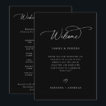 Wedding Welcome Weekend Timeline Program<br><div class="desc">Modern minimalist wedding welcome and weekend event timeline program card in black and white. Template features,  welcome message on front and weekend itinerary timeline on back.  Wedding day icons timeline includes rings,  cocktail,  meal setting,  cake,  music note and car.</div>