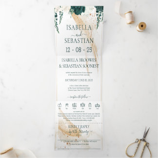 Wedding White All in one Emerald Green Rose Floral Tri-Fold Invitation