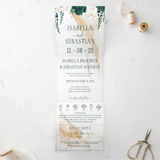 Wedding White All in one Emerald Green Rose Floral Tri-Fold Invitation (Inside)