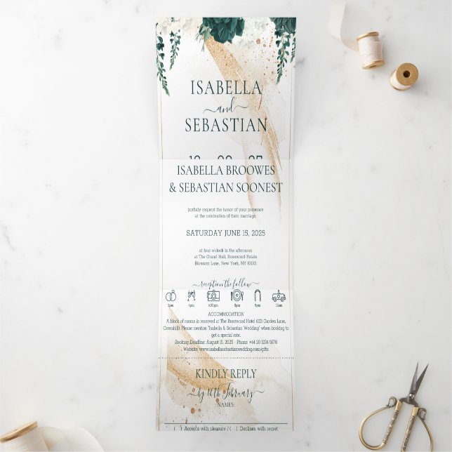 Wedding White All in one Emerald Green Rose Floral Tri-Fold Invitation (Inside)