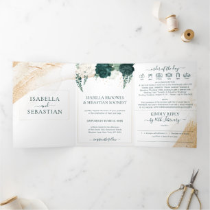 Wedding White All in one set Emerald Green Roses Tri-Fold Invitation