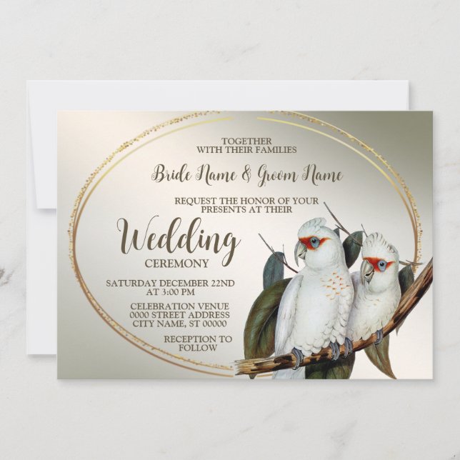 Wedding White Birds Cockatoo Green Leaves Rustic Invitation (Front)