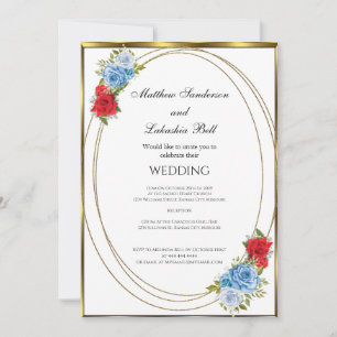 Wedding White Blue Red Flowers gold Elegant  Invitation