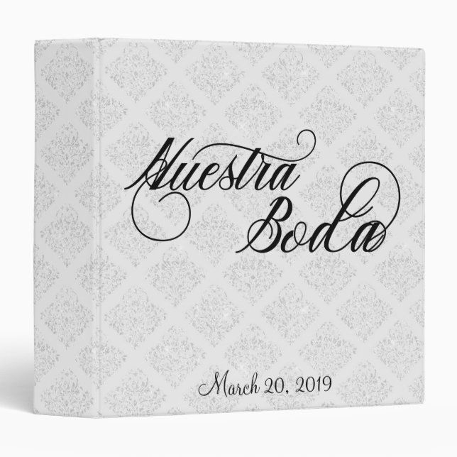 Wedding White Damask Nuestra Boda Spanish Binder (Front/Spine)