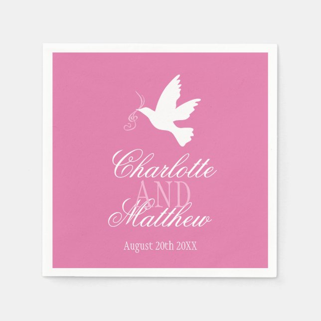 Wedding white dove ribbons pink custom napkins (Front)
