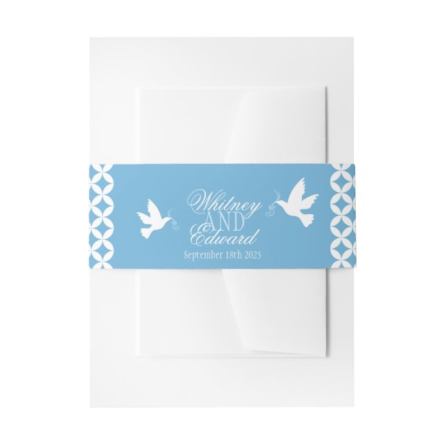 Wedding white doves on blue band invitation belly band (Front Example)