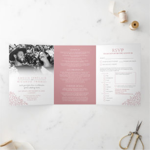 Wedding white dusty pink leaves all-in-one  Tri-Fold invitation
