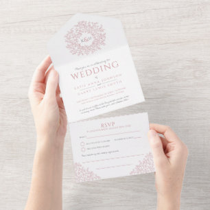 Wedding white dusty pink leaves RSVP All In One In Invitation