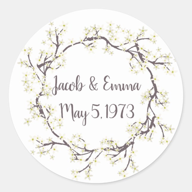 Wedding White Flowering Branch Wreath  Classic Round Sticker (Front)