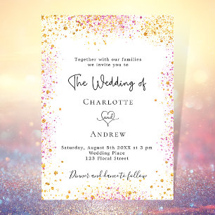 Wedding white gold pink glitter elegant invitation postcard