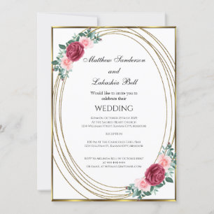 Wedding White Gold Pink Red Flowers Classic  Invitation