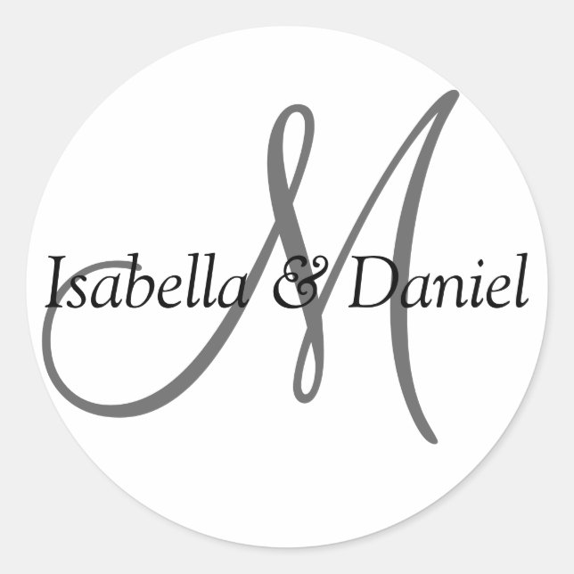 Wedding White Grey Black Custom Bride Groom Names Classic Round Sticker (Front)