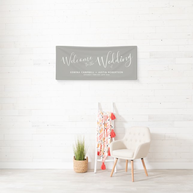 Wedding white heart script text on grey welcome banner (Insitu)