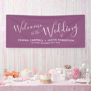 Wedding white heart script text purple welcome banner