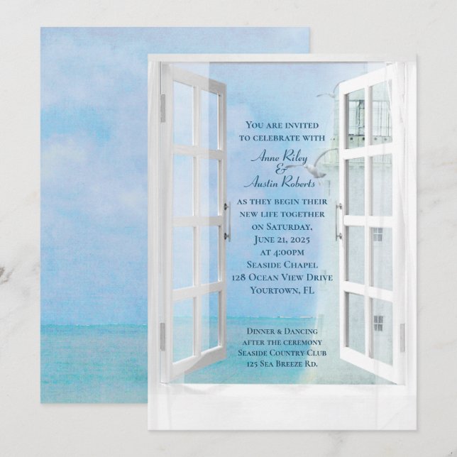 wedding white lighthouse window view with seagulls invitation (Front/Back)
