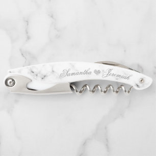 Wedding White Marble Diamond Heart Monogram Corkscrew