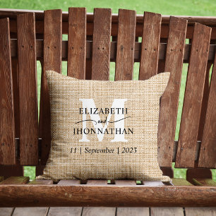 Wedding White Monogram Rustic Faux Burlap Keepsake Throw Pillow