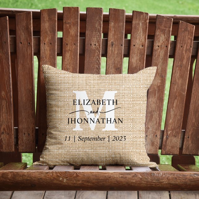 Wedding White Monogram Rustic Faux Burlap Keepsake Throw Pillow (Creator Uploaded)