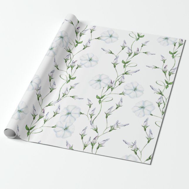 Wedding White Morning Glory Flowers Wrapping Paper (Unrolled)