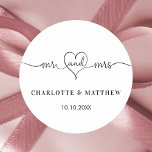 Wedding white mr mrs heart script  classic round sticker<br><div class="desc">A stylish white background. Mr and Mrs with a heart. Personalize and add your names and wedding date.   Transparent background so you can add your wedding theme colour.</div>