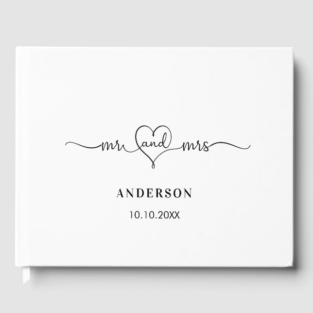 Wedding white mr mrs heart script modern guest book (Front)