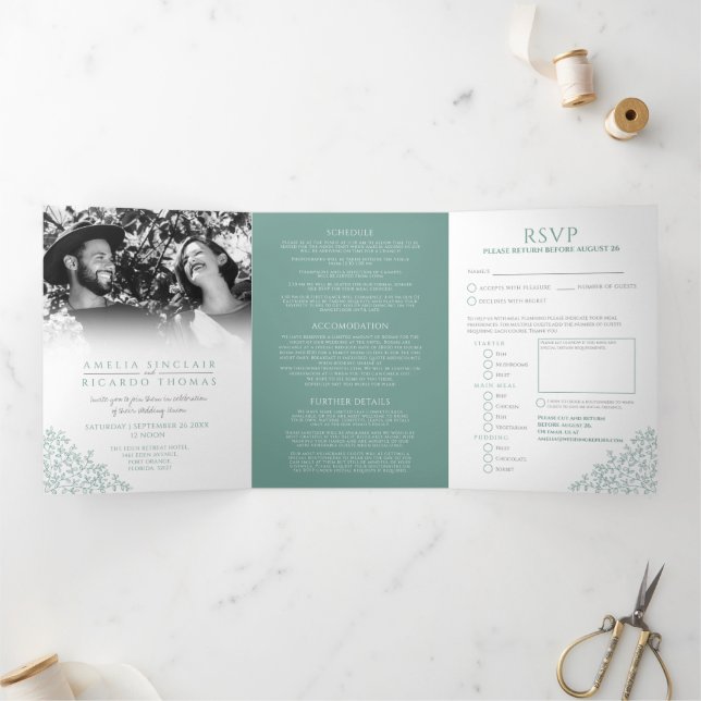 Wedding white muted green leaves all-in-one Tri-Fold invitation (Inside)